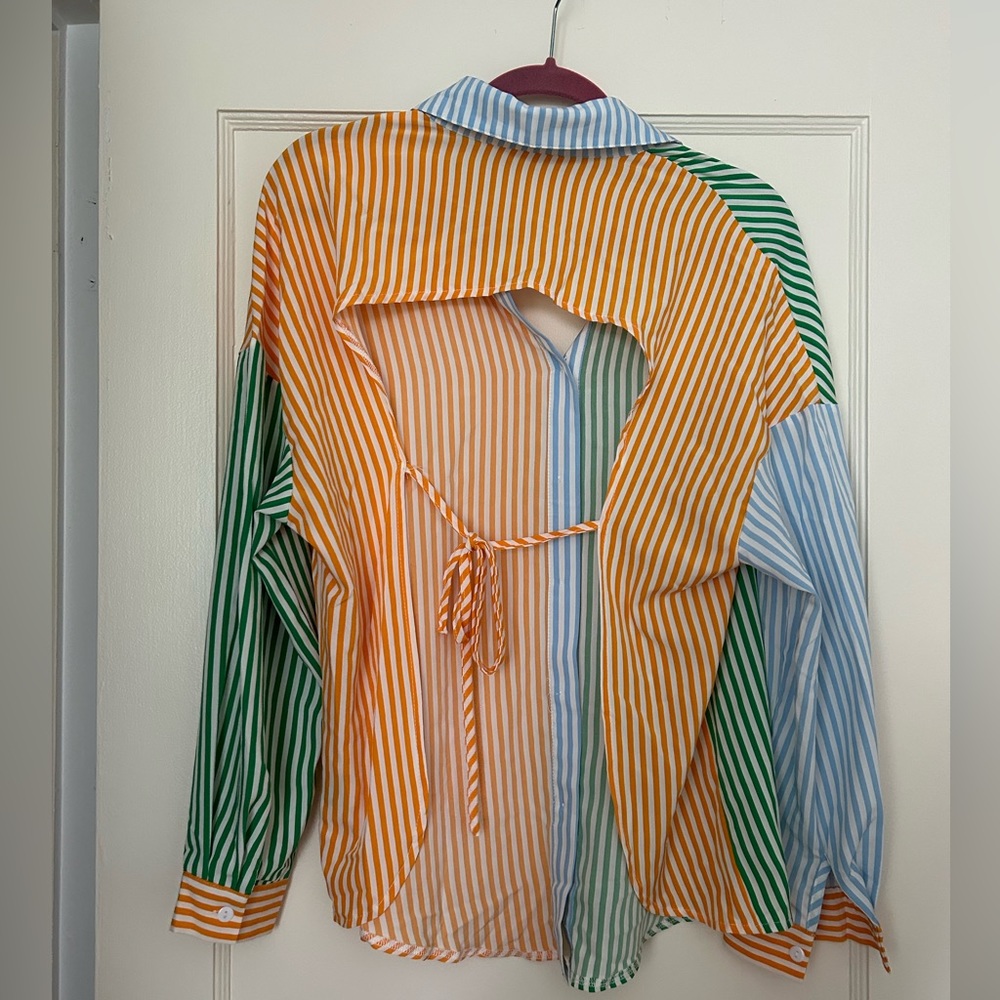 Backless Multi-colored Stripe Button Up Blouse